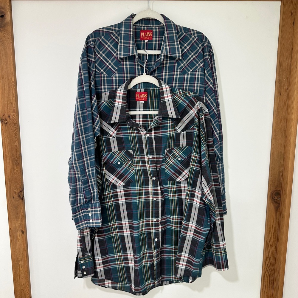 Plains Western Wear Pearl Snap Shirt Mens XL Plaid Long Sleeve Western Bundle